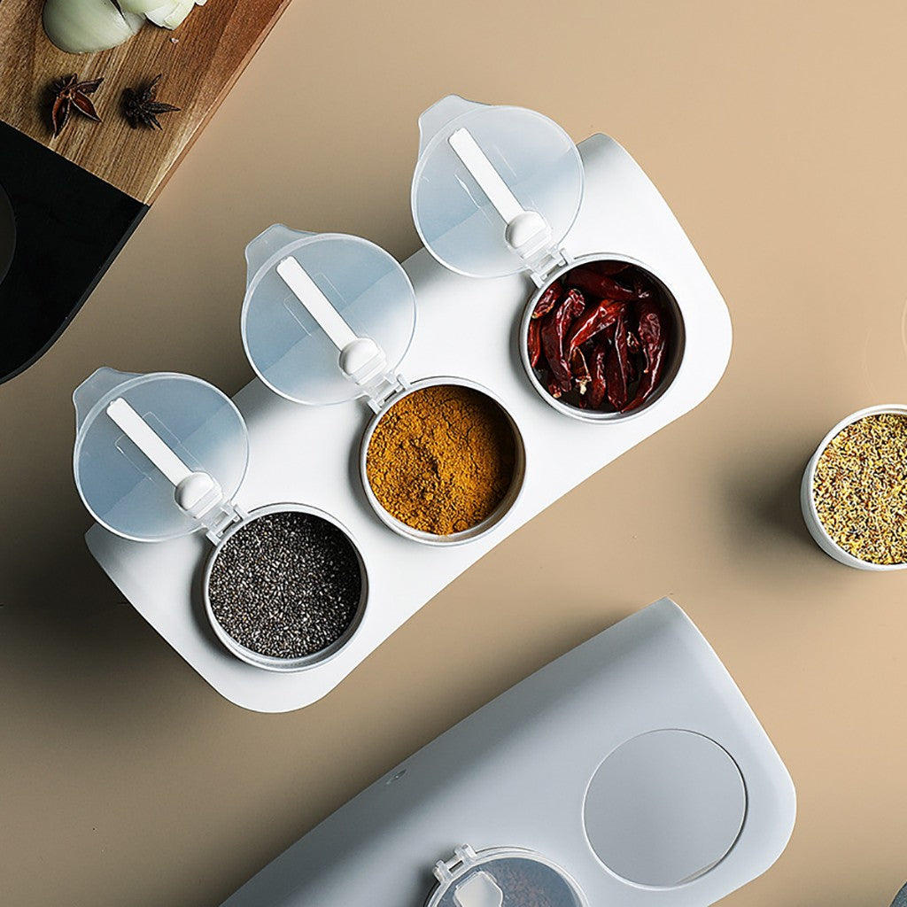 3 Jar Spices Storage Box With Spoon
