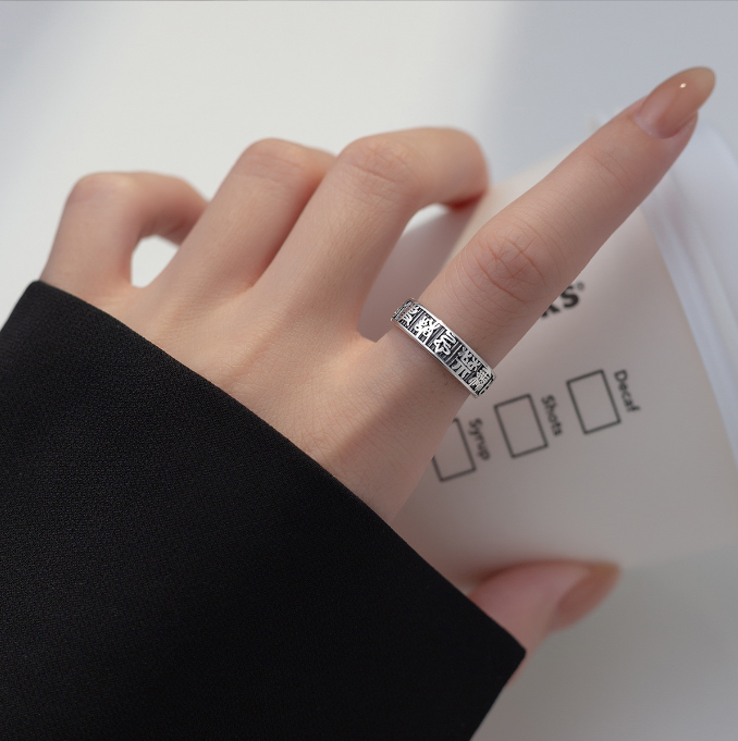 S925 Sterling Silver Vintage Text Ring